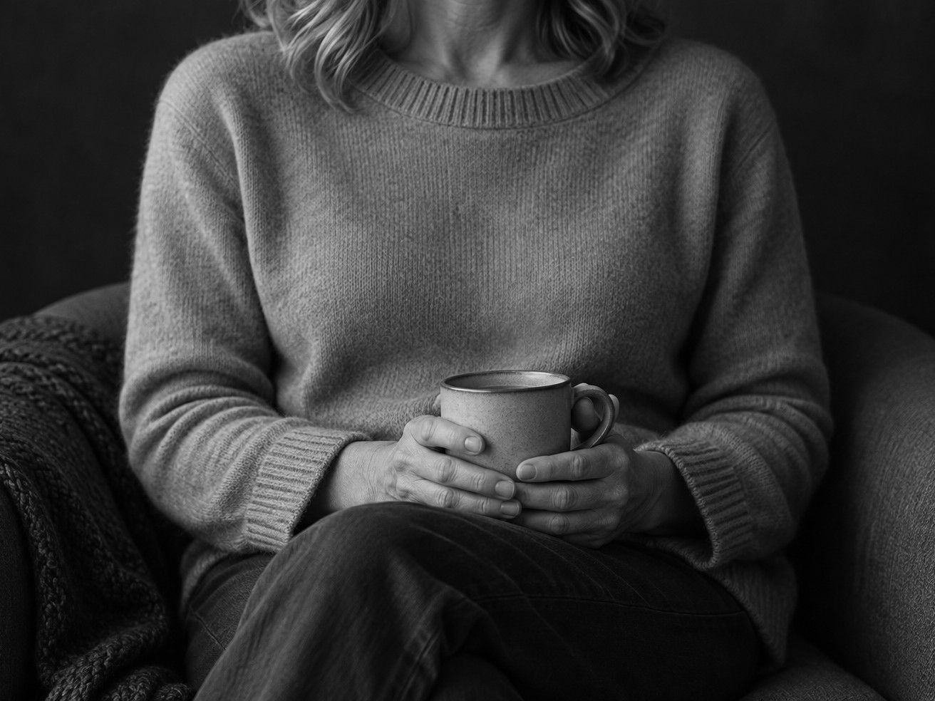 Woman in a violet knit sweater holding a warm cup