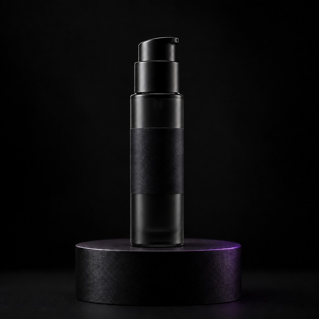 Plain unlabelled jar and bottle on a dark surface with a soft violet glow