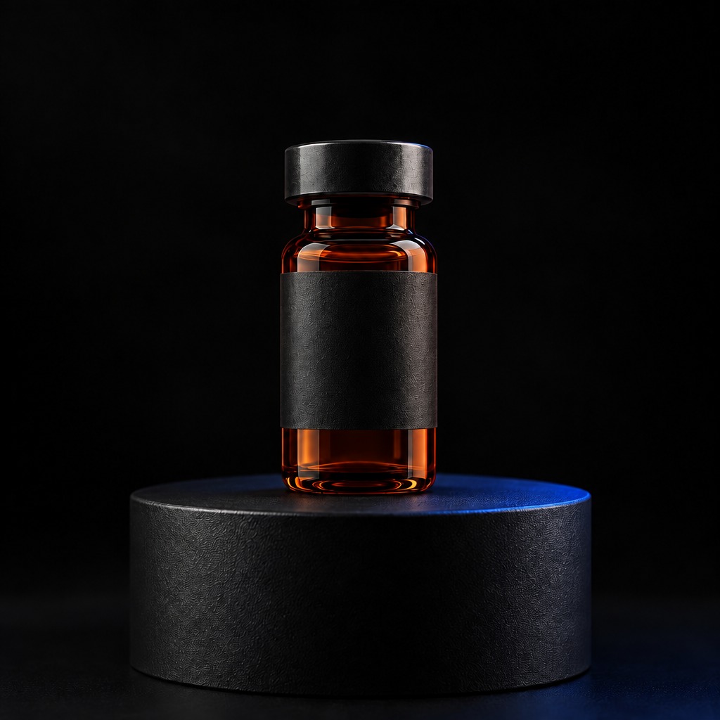 Plain unlabelled amber vial on a dark surface with a soft blue glow