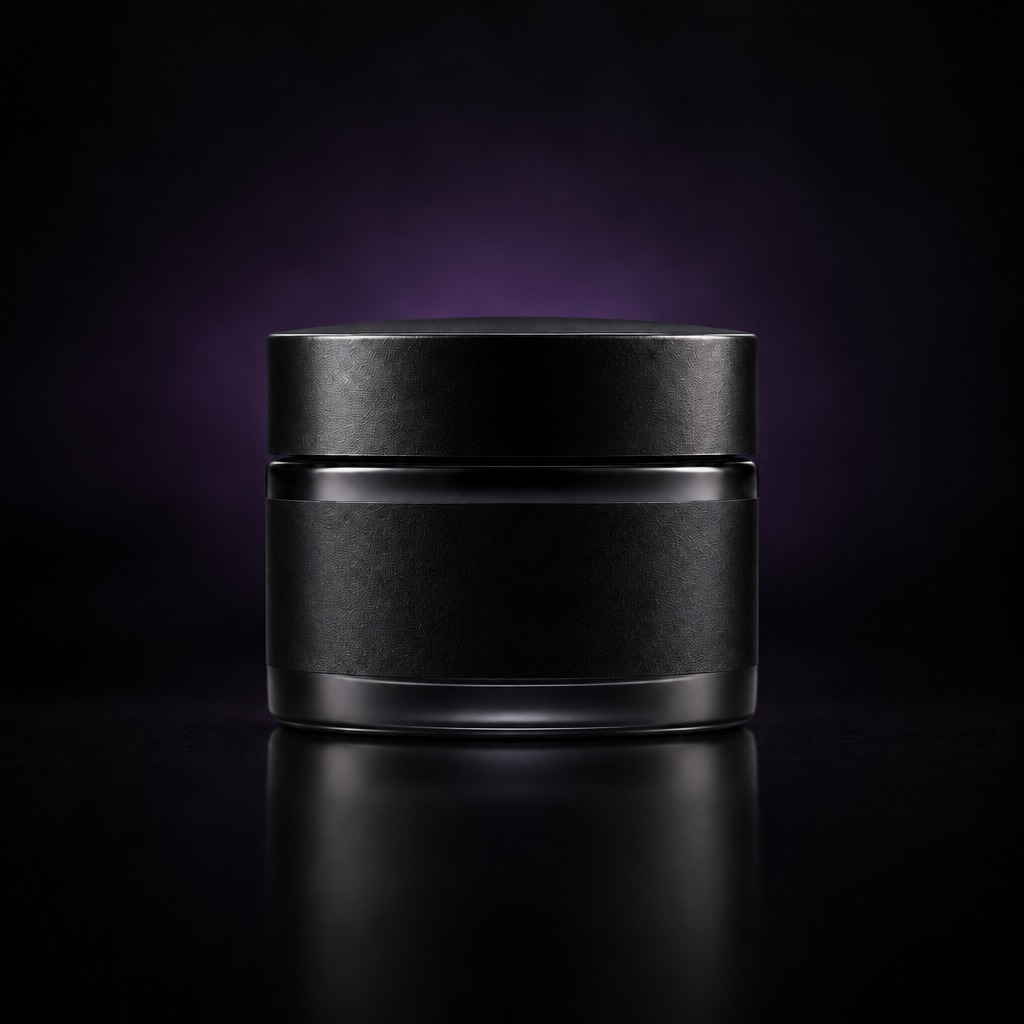 Plain unlabelled jar and bottle on a dark surface with a soft violet glow