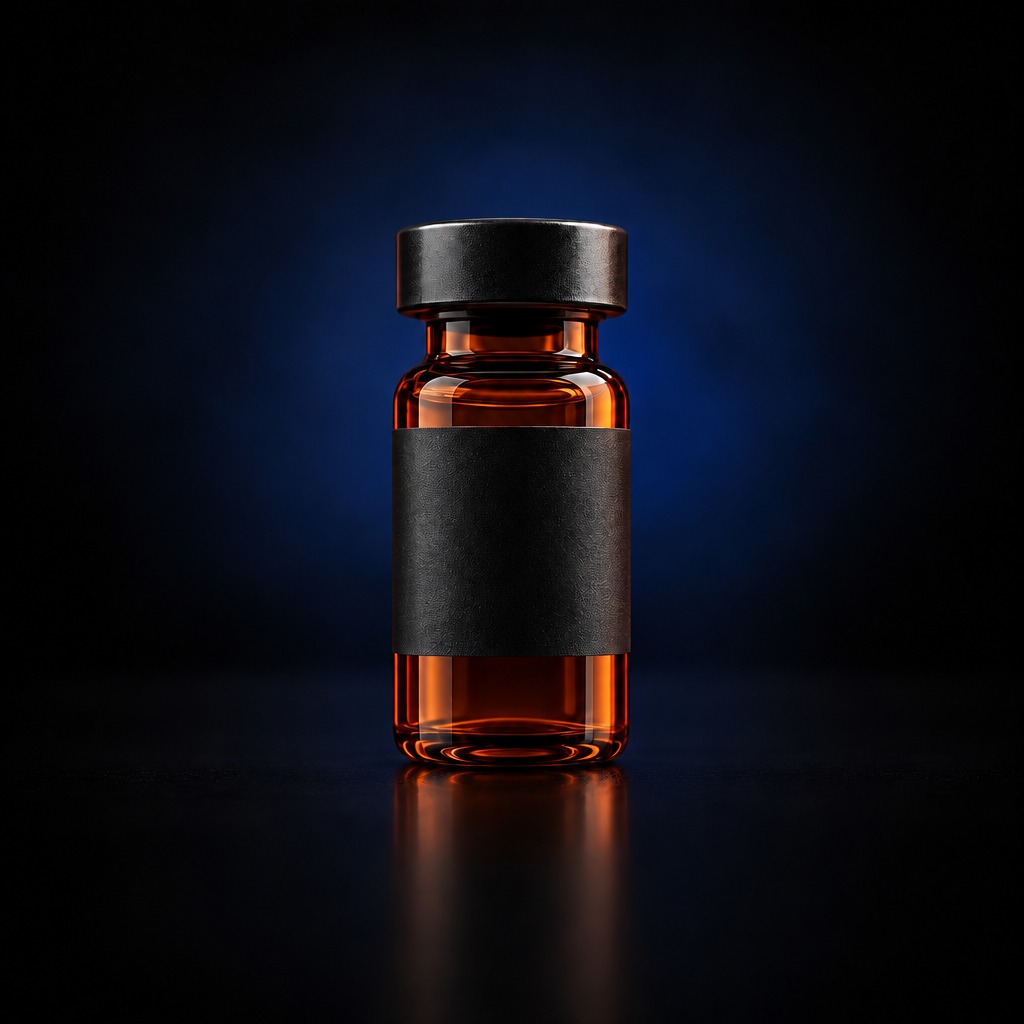 Plain unlabelled amber vial on a dark surface with a soft blue glow
