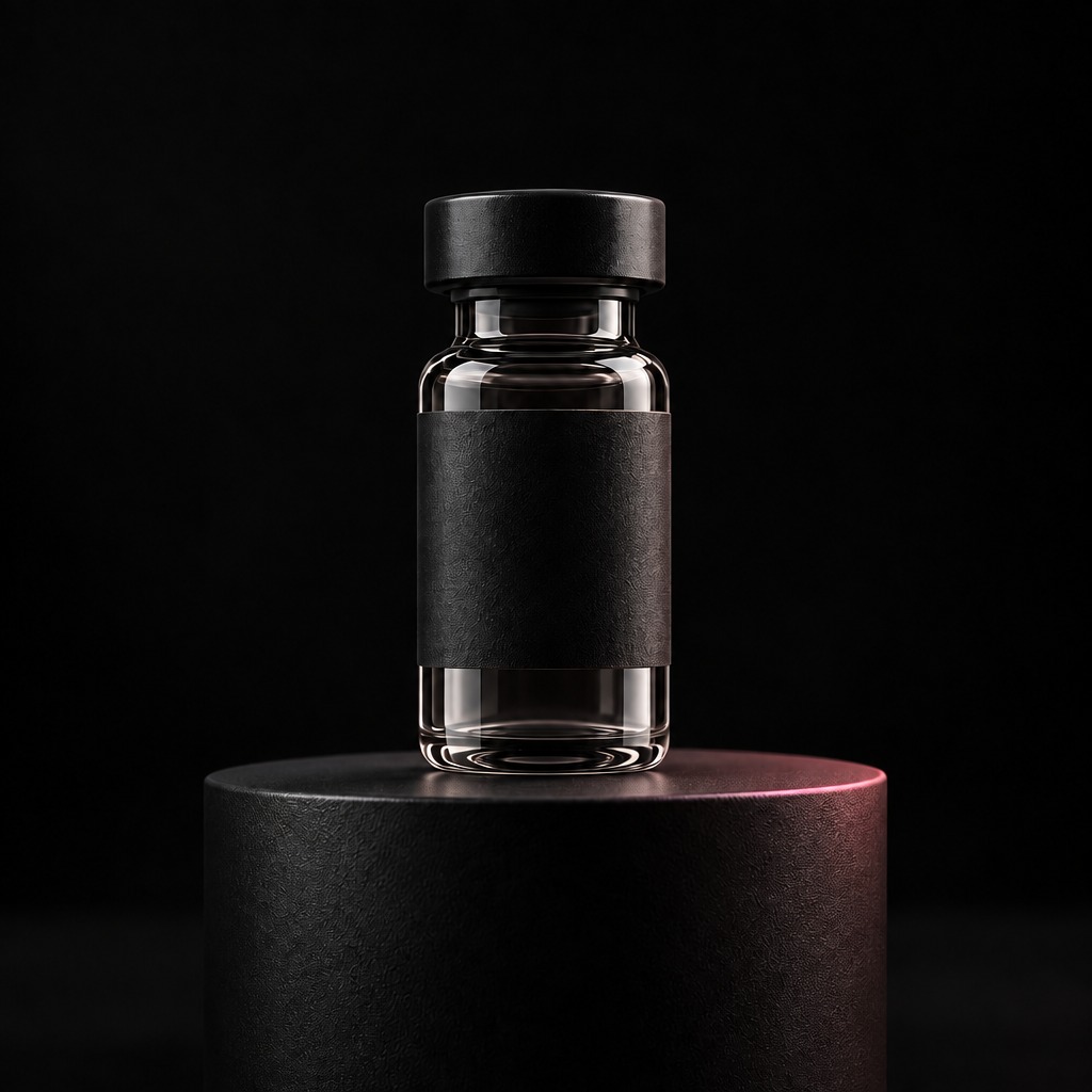 Plain unlabelled vial on a dark surface with a soft pink glow