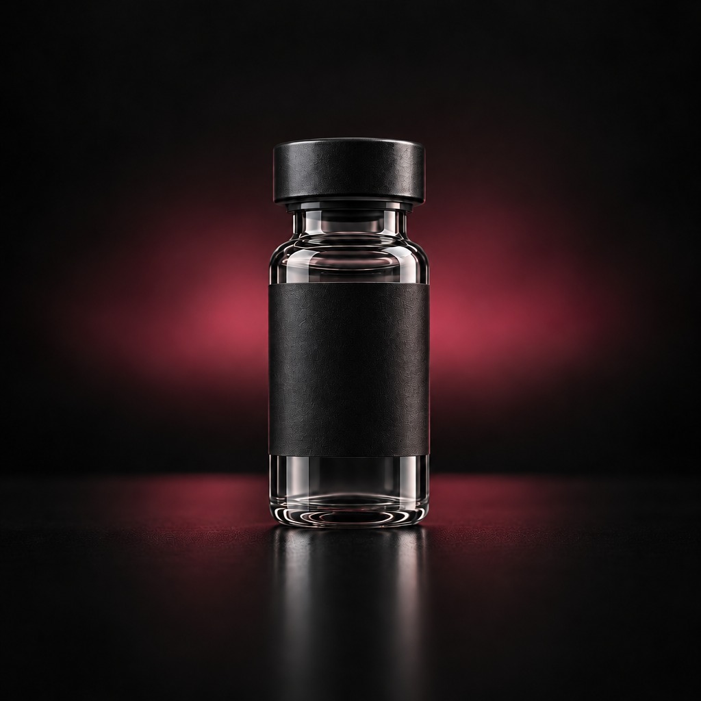 Plain unlabelled vial on a dark surface with a soft pink glow